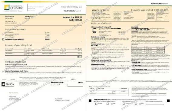 USA Southern California EDISON utility bill, Word and PDF template, 8 pages 1 2
